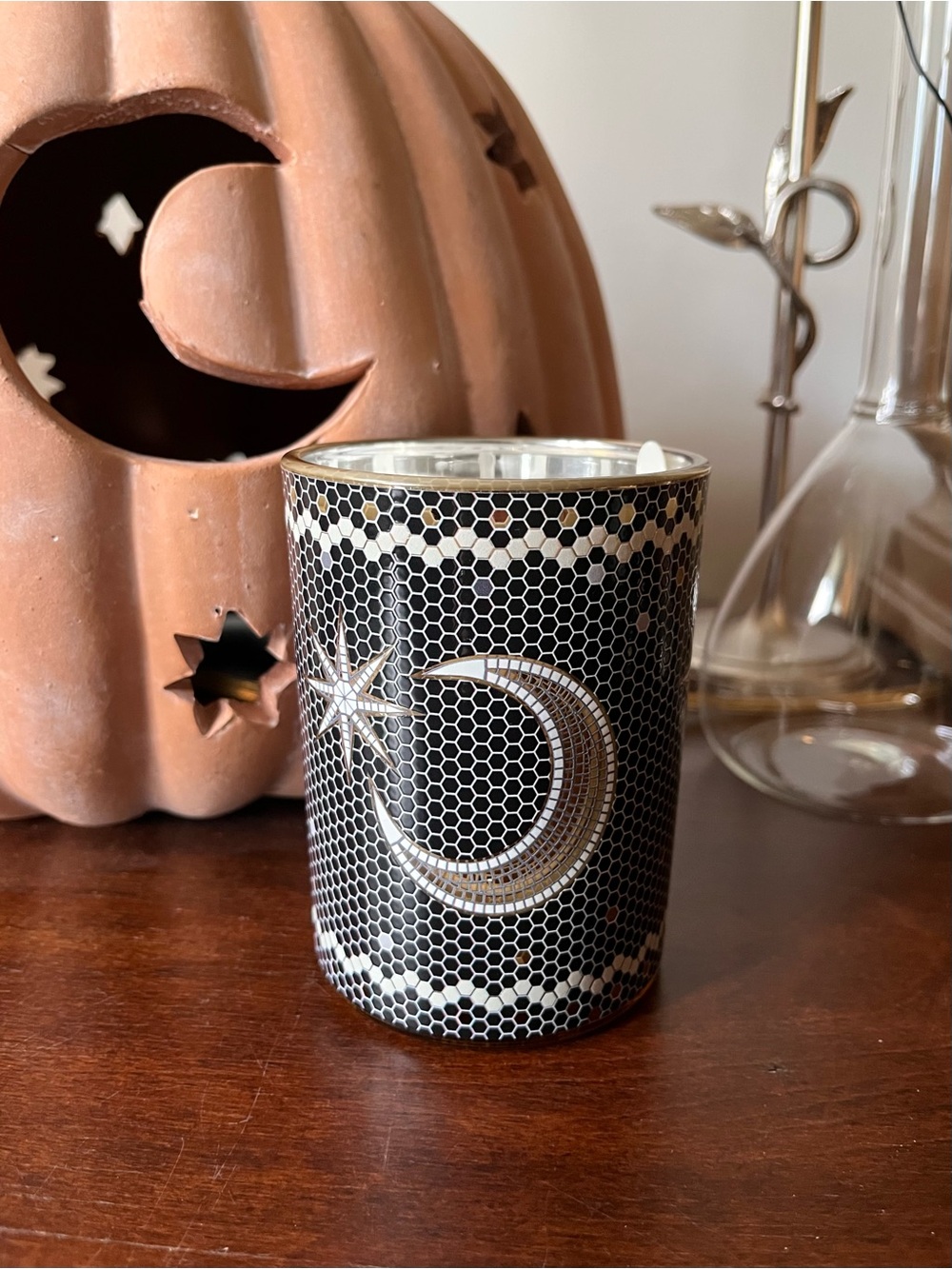 Mosaic Tile Pattern Glass Candle with Crescent Moon & Stars Celestial Details